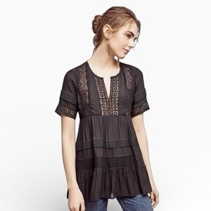 ANTHROPOLOGIE Maeve Black Lace Babydoll Short Sleeve Top Short Boho Casual XS